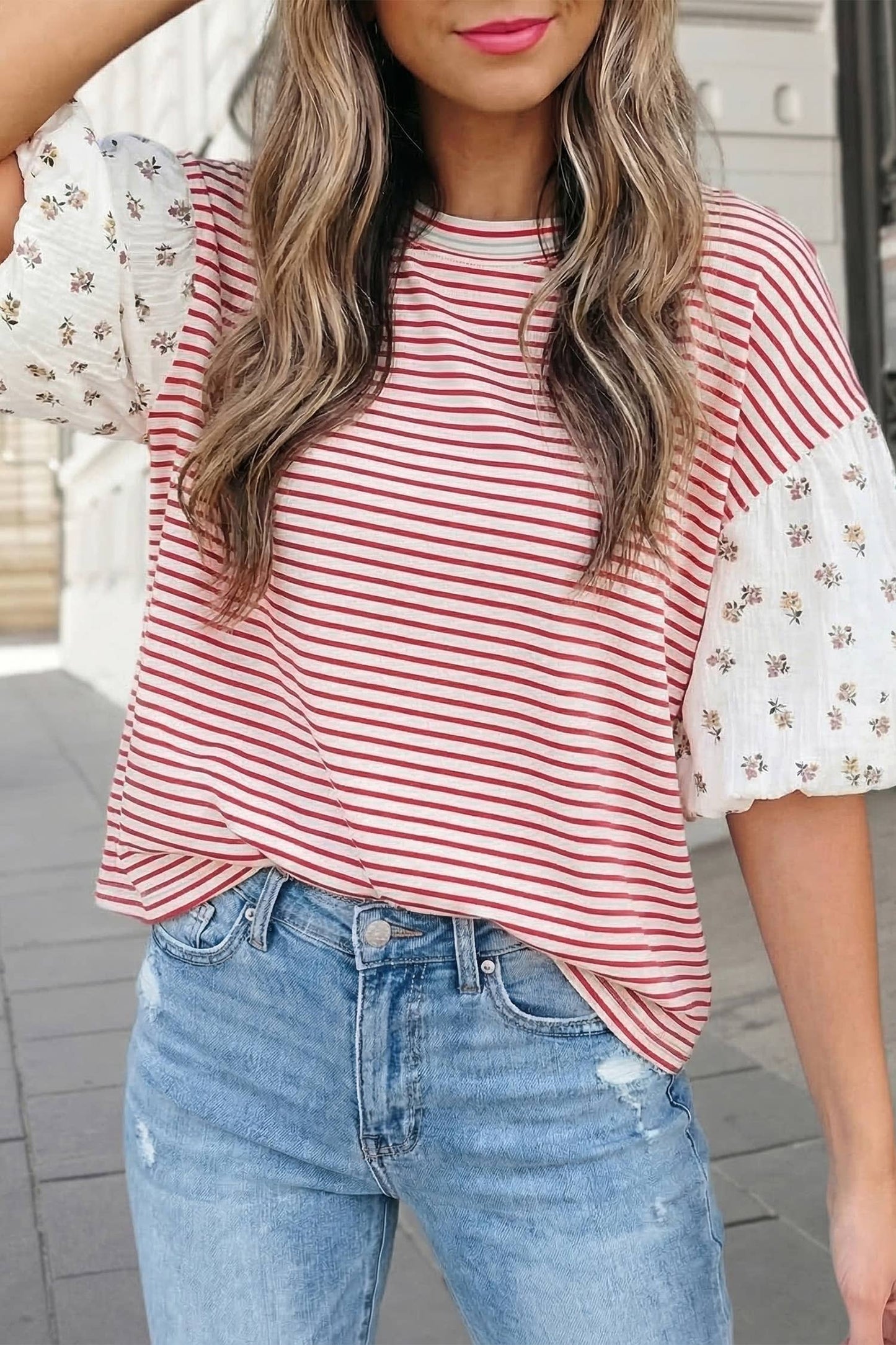 Stripe Floral Puff Sleeve Round Neck Top