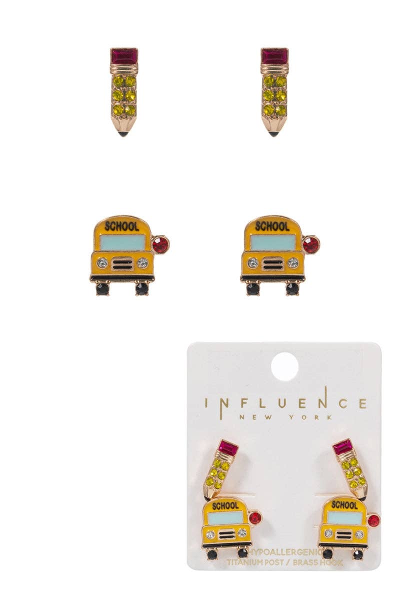 Teachers Day School Bus Enamel Pencil Set Earrings