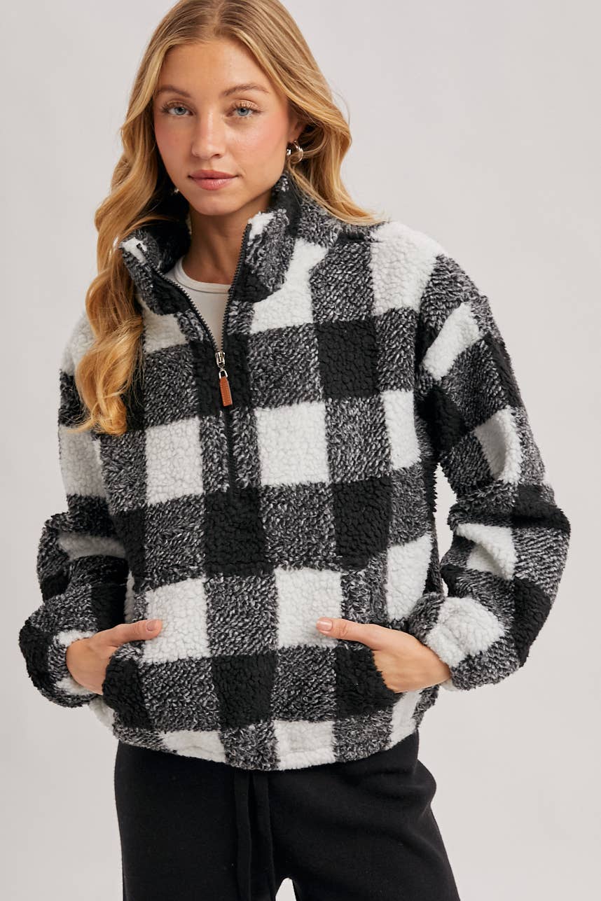 PLAID QUARTER ZIP HIGH COLLAR FLEECE PULLOVER