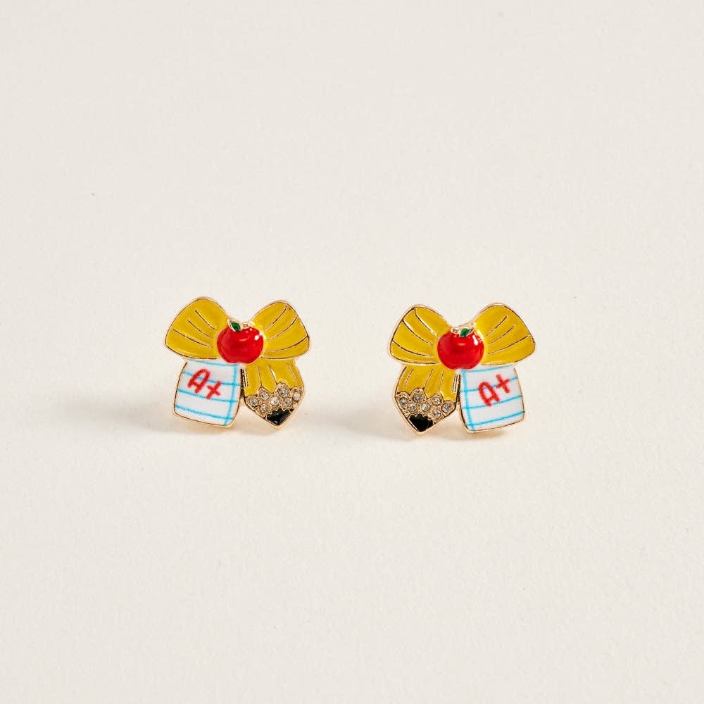 0.5 Inch Enamel Pencil Bow Ribbon Apple Notebook Earrings