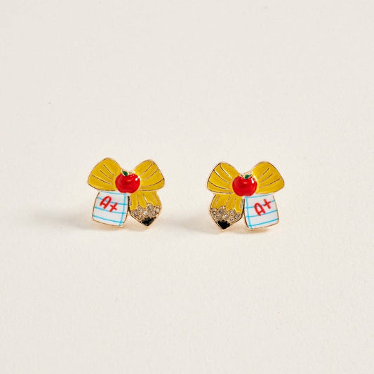 0.5 Inch Enamel Pencil Bow Ribbon Apple Notebook Earrings