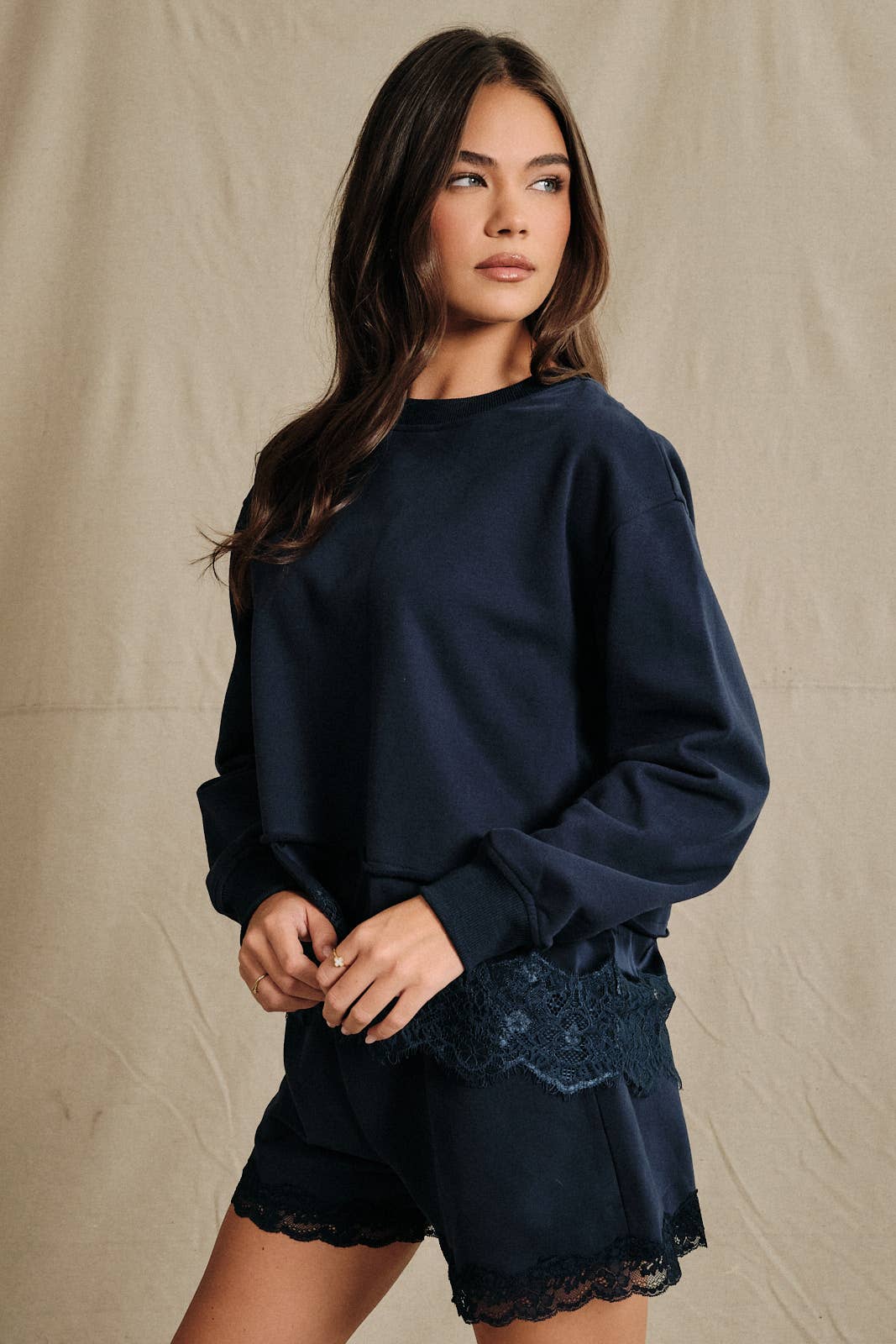 Round Neck Lace Trimmed Hem Long Sleeve Sweatshirt