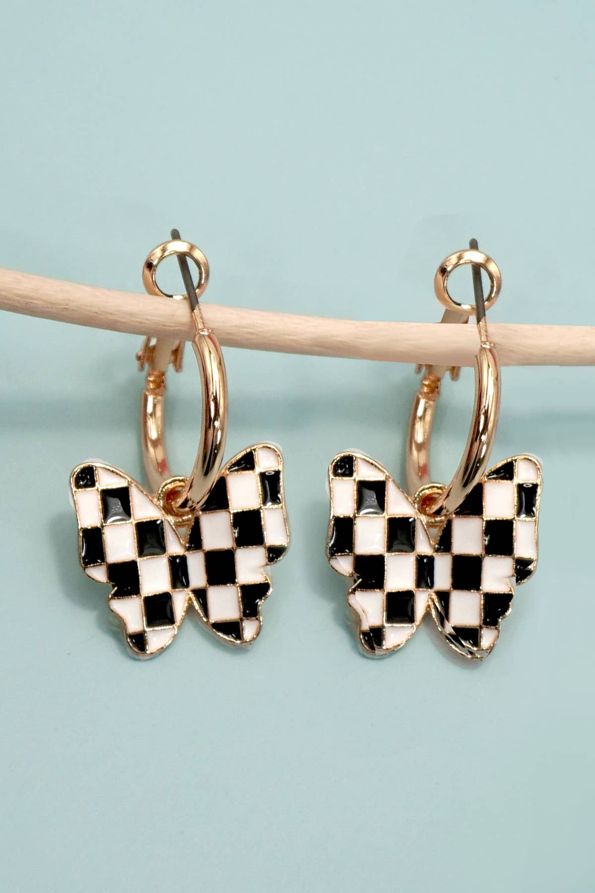 CHECKER BUTTERFLY HUGGIE HOOP DROP EARRINGS