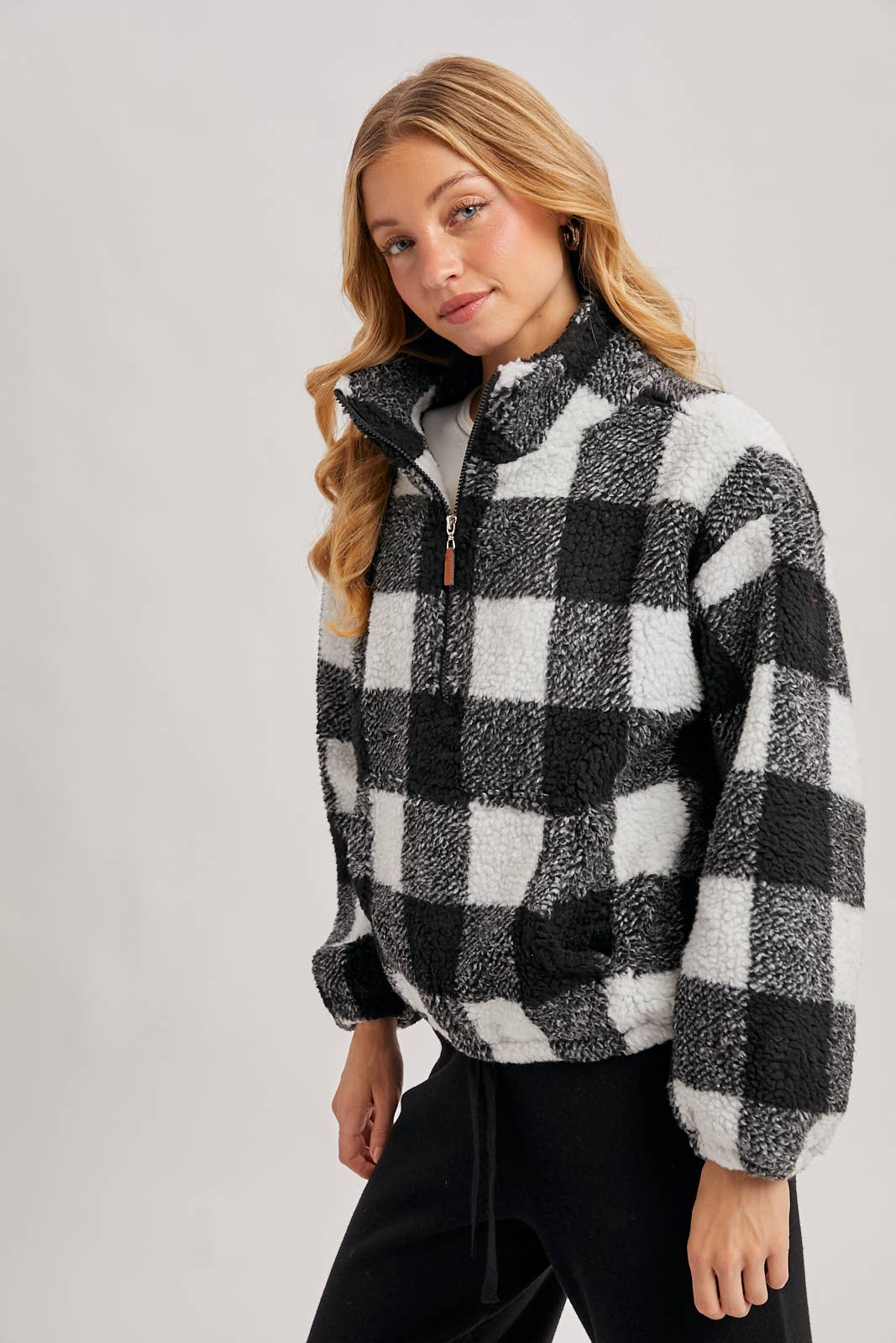 PLAID QUARTER ZIP HIGH COLLAR FLEECE PULLOVER