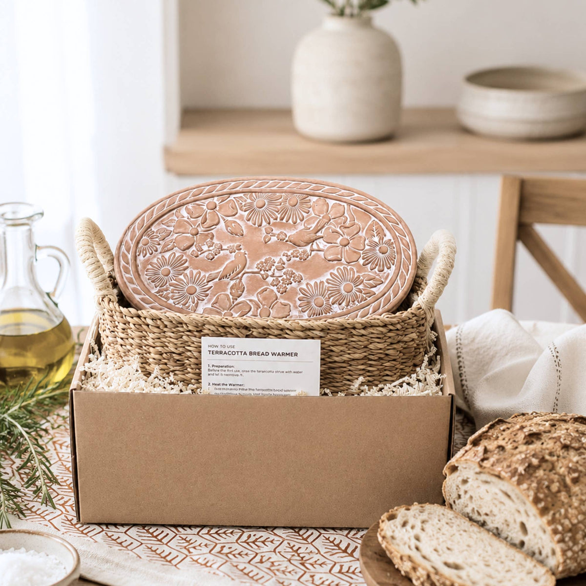Handmade Bread Warmer & Wicker Basket - Garden Oval