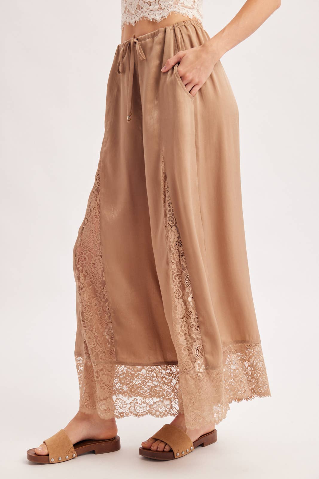 SATIN LACE TRIMMED DRAWSTRING PALAZZO PANTS