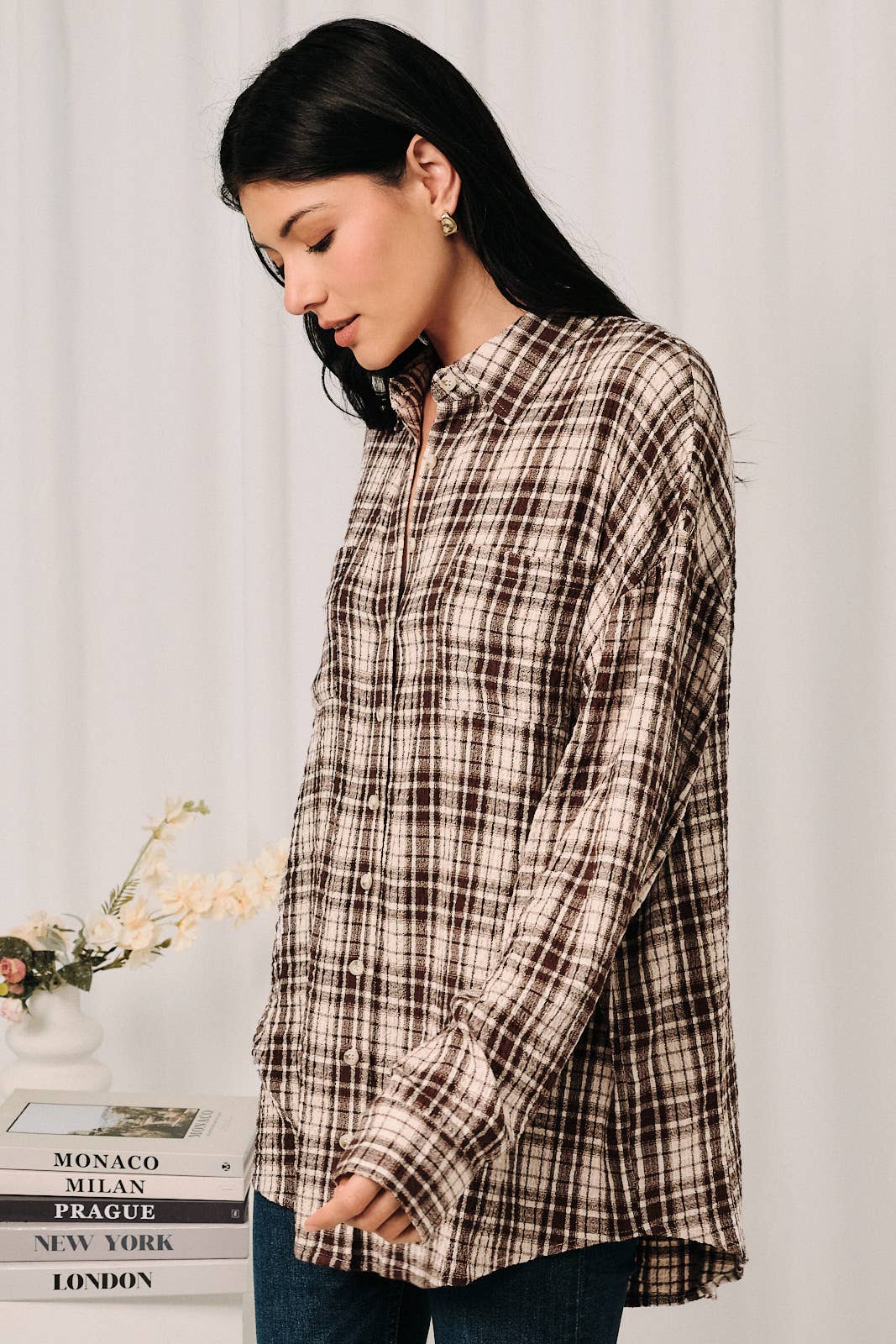 Oversized Plaid Pocket Long Sleeve Button Down Shirt