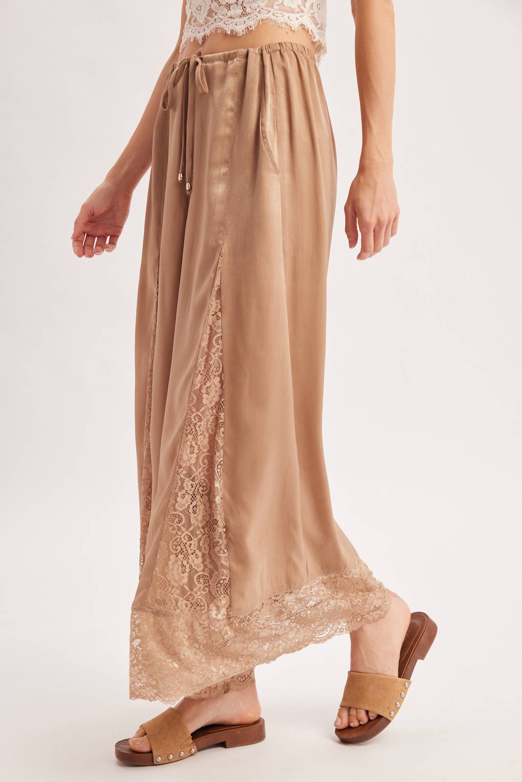 SATIN LACE TRIMMED DRAWSTRING PALAZZO PANTS
