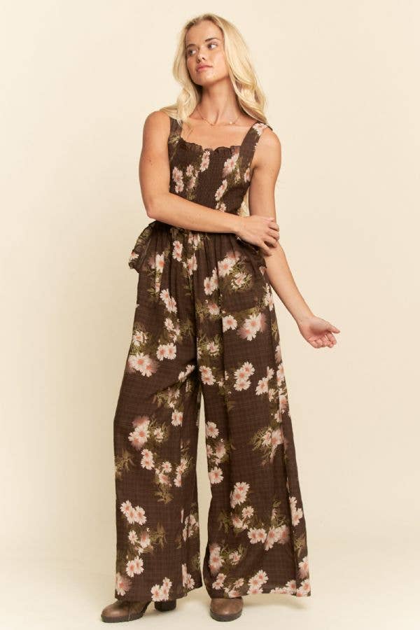 FLORAL RUFFLE SQUARE NECK SMOCKING BODICE JUMPSUIT