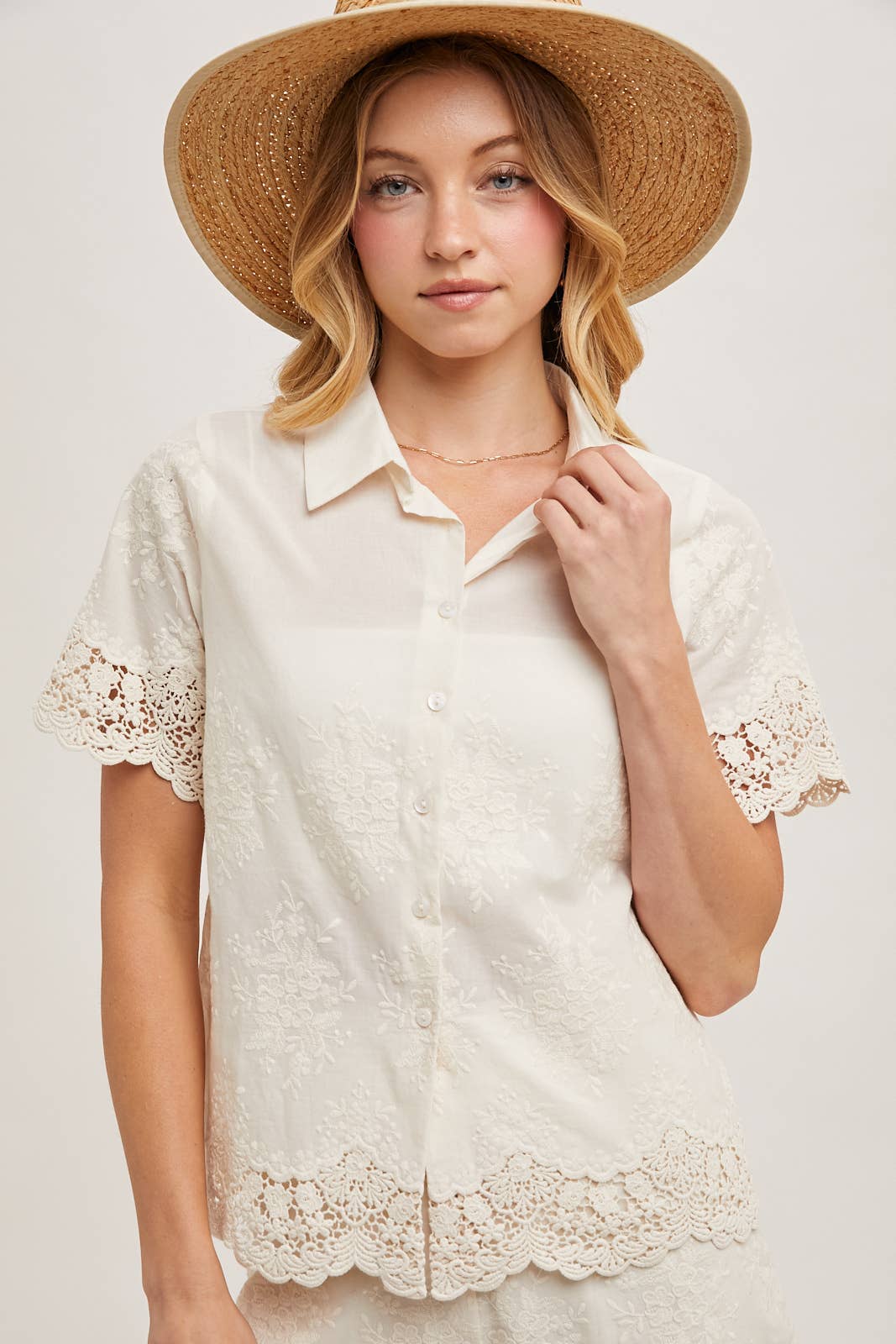 EMBROIDERED LACE TRIMMED BUTTON DOWN SHIRT