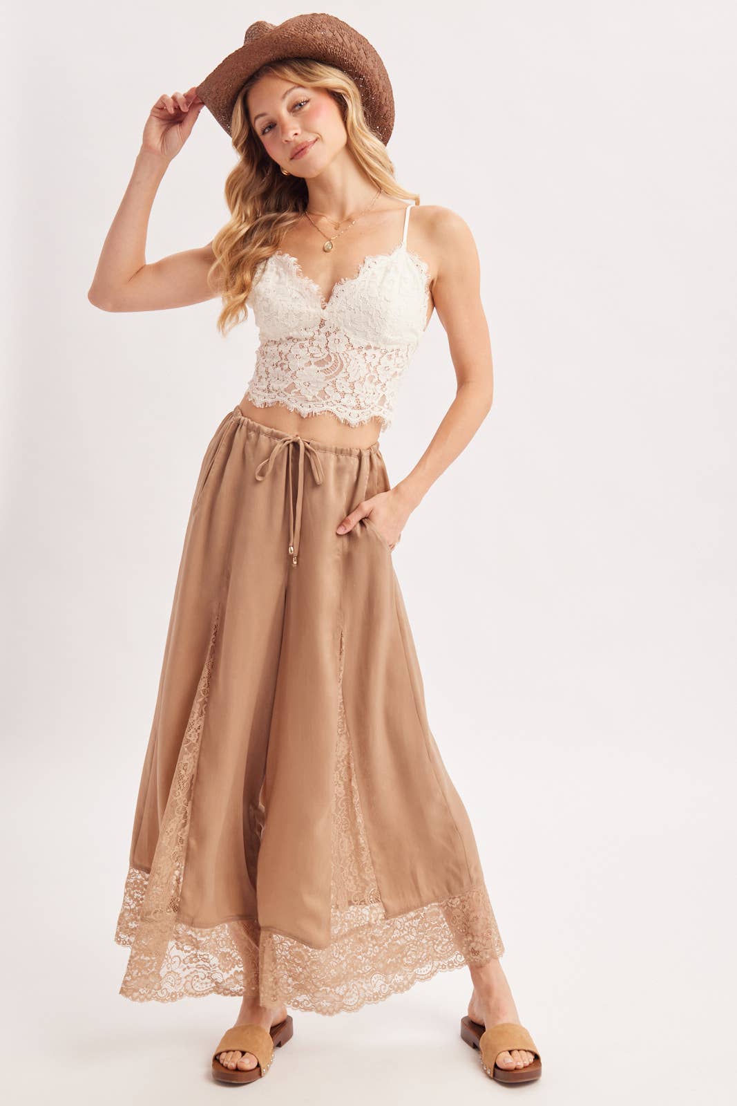 SATIN LACE TRIMMED DRAWSTRING PALAZZO PANTS