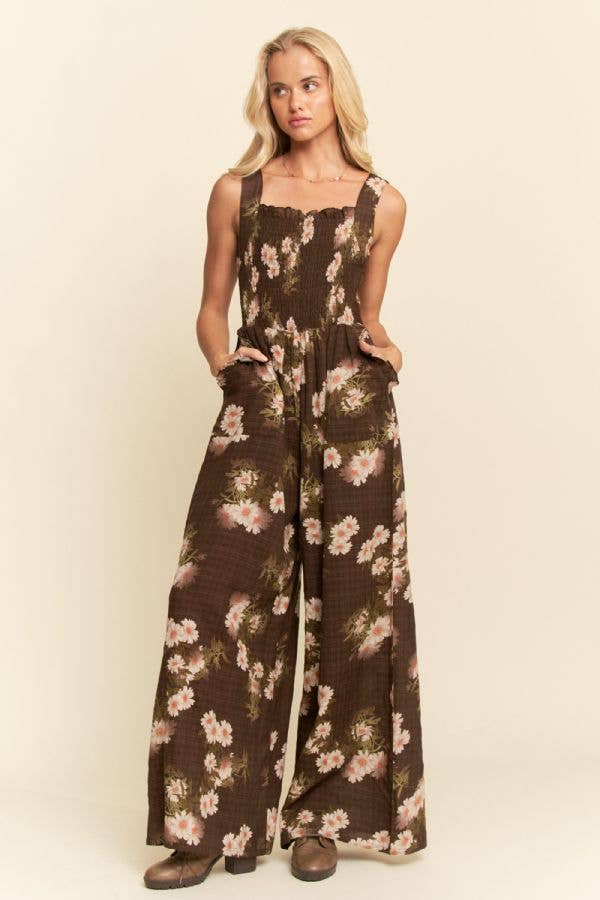 FLORAL RUFFLE SQUARE NECK SMOCKING BODICE JUMPSUIT