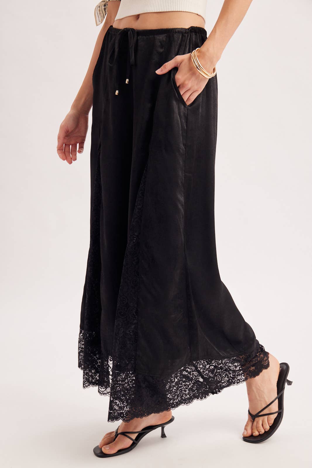 SATIN LACE TRIMMED DRAWSTRING PALAZZO PANTS