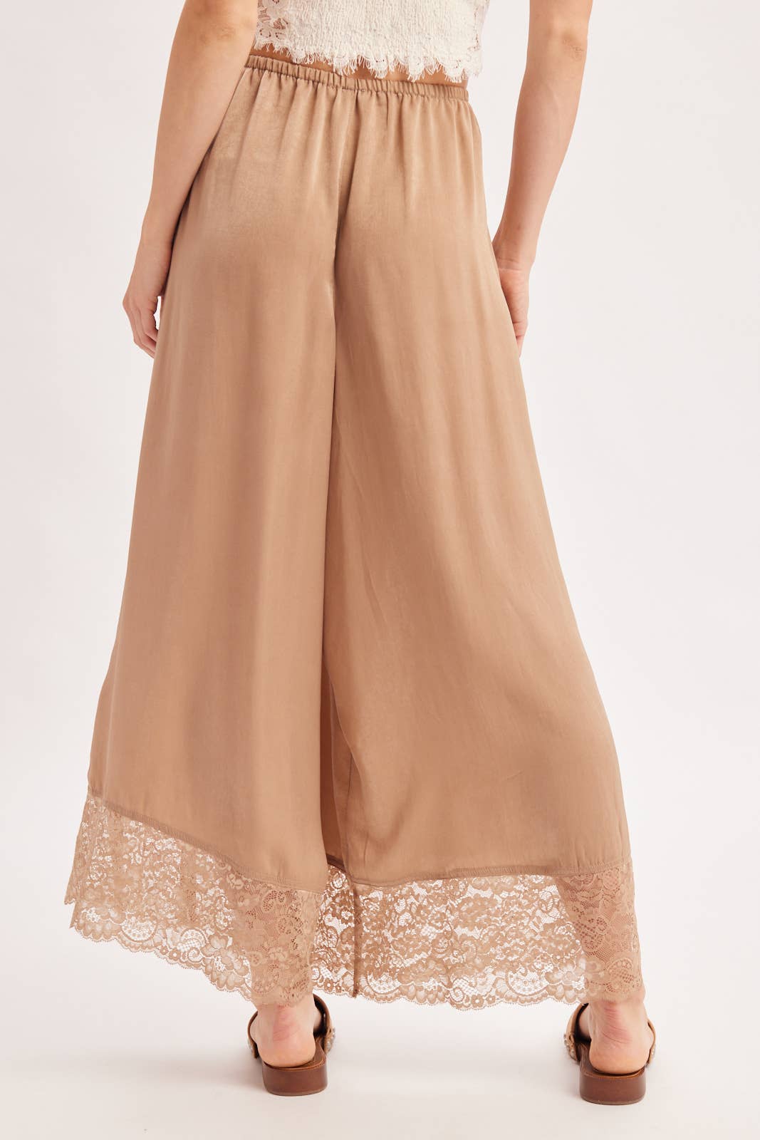 SATIN LACE TRIMMED DRAWSTRING PALAZZO PANTS