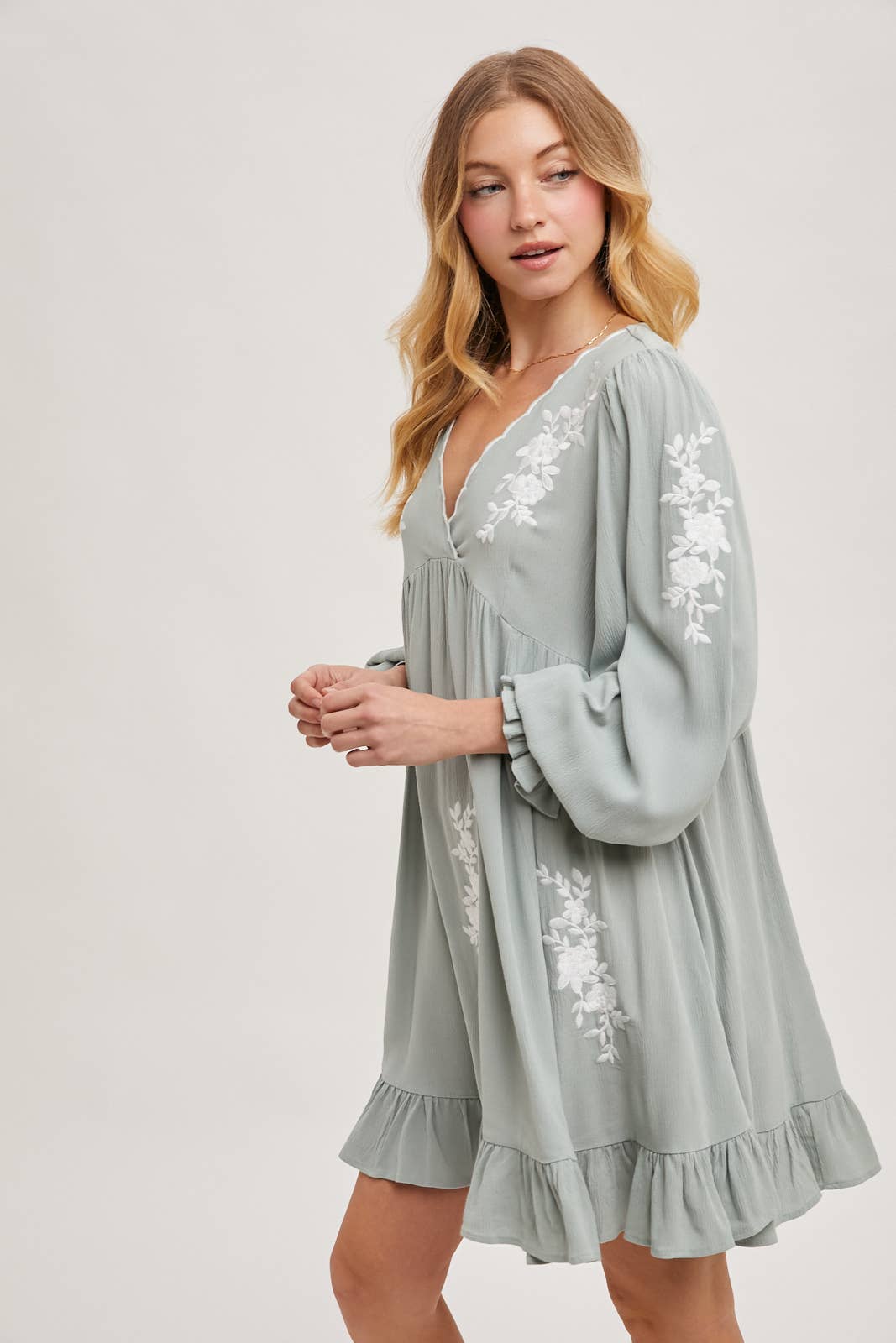 EMBROIDERED V-NECK RUFFLED DRESS - EASTER DAY