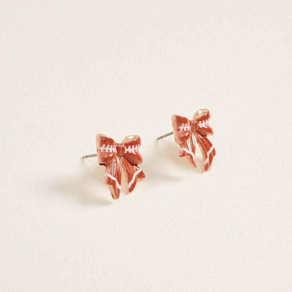 0.75 Inch Football Pattern Print Ribbon Bow Post Earrings