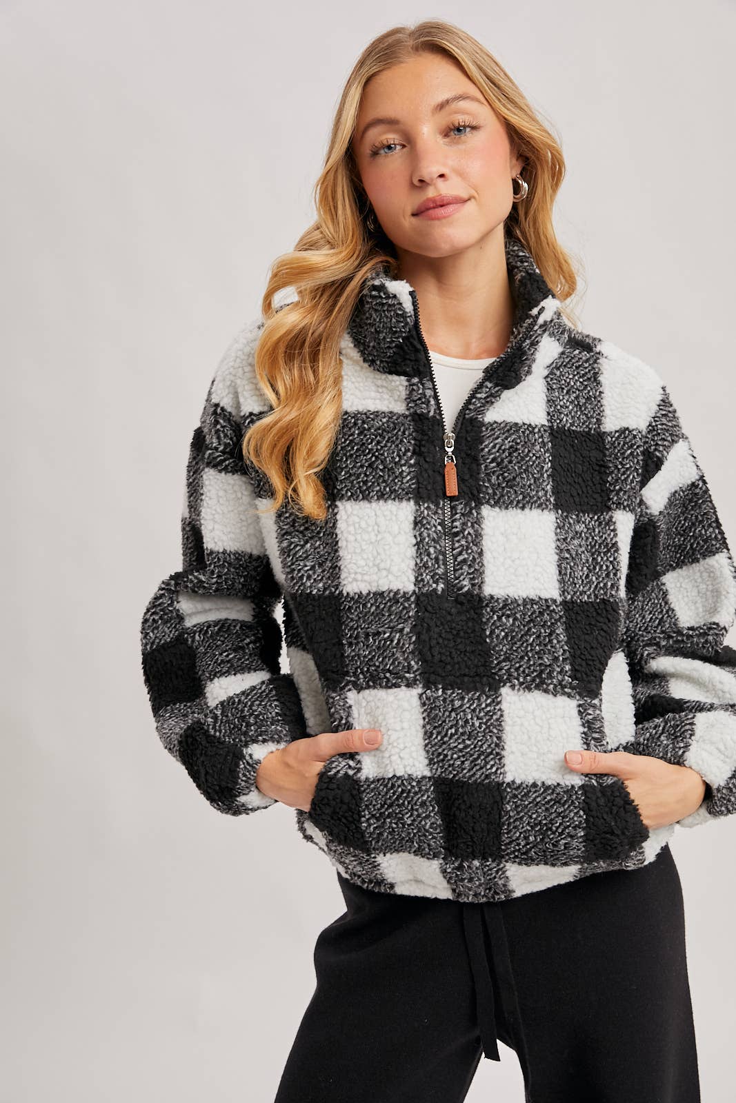 PLAID QUARTER ZIP HIGH COLLAR FLEECE PULLOVER