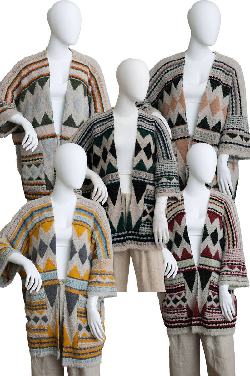 Boho Faux Fur Ruana Wrap with Cozy Pockets - Tribal Cardigan