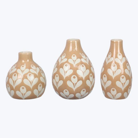 Stoneware Natural & White Design Vase - Set of 3