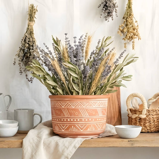 7" Handmade Pot Planter • Hand Etched Terracotta Pot - Large