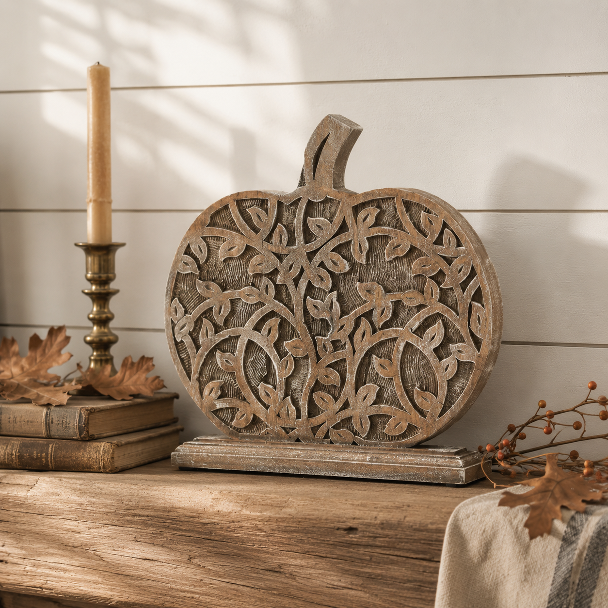 Harvest Vine Carved Wooden Pumpkin Tabletop Sign 11x12 Fall