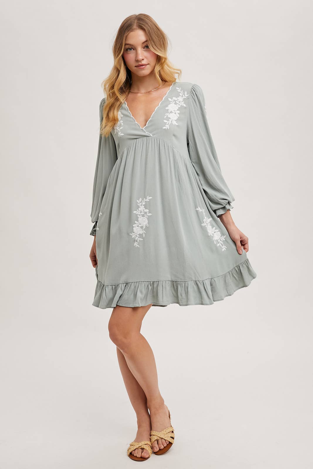 EMBROIDERED V-NECK RUFFLED DRESS - EASTER DAY