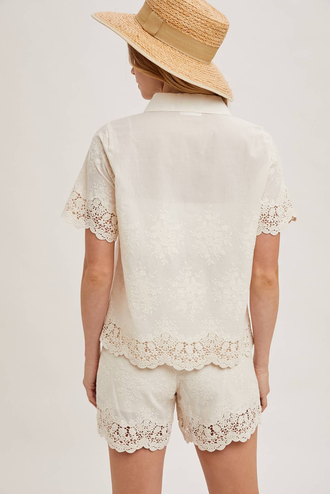 EMBROIDERED LACE TRIMMED BUTTON DOWN SHIRT