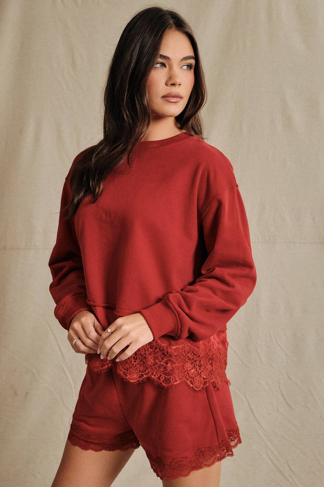 Round Neck Lace Trimmed Hem Long Sleeve Sweatshirt