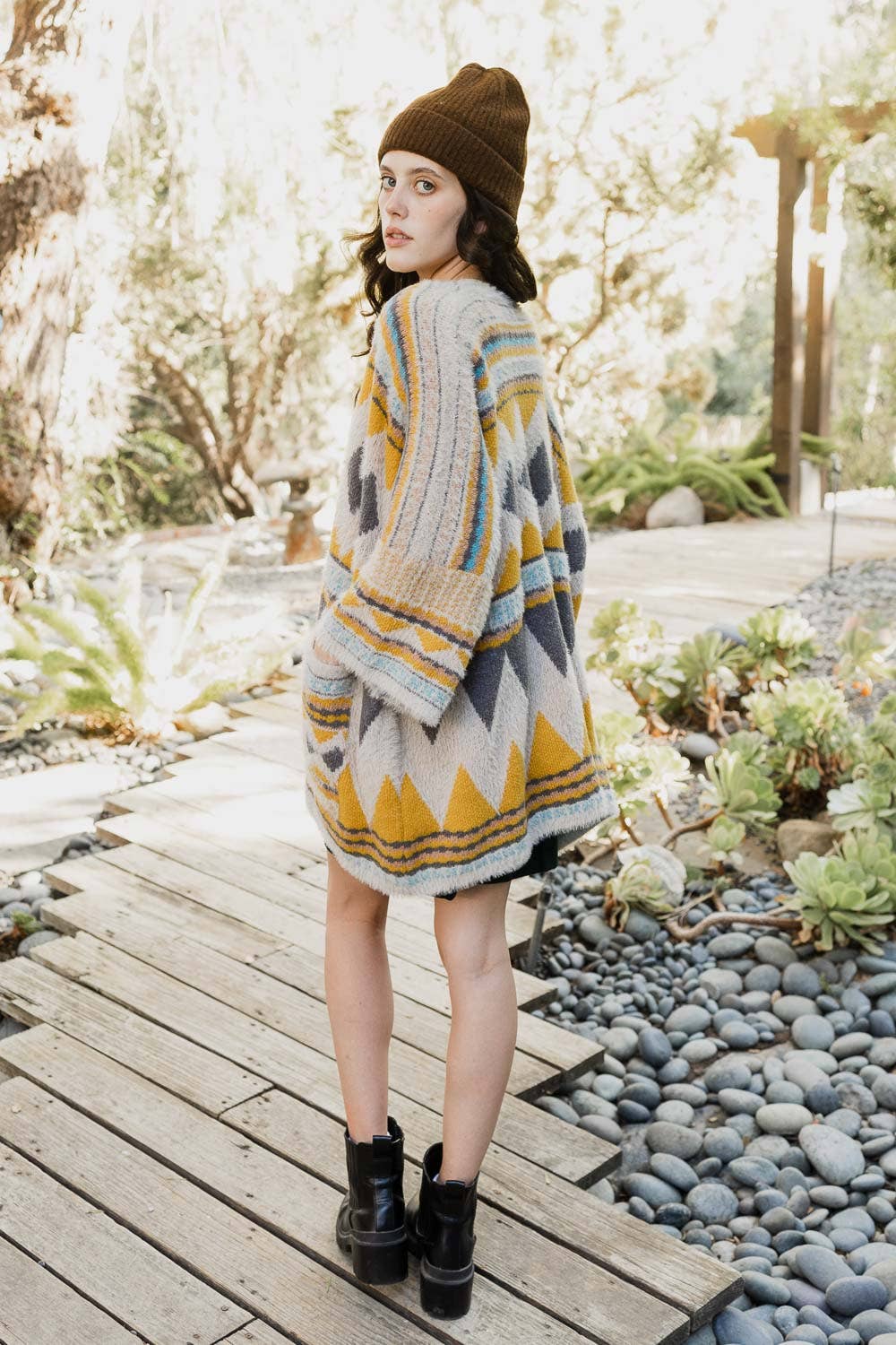 Boho Faux Fur Ruana Wrap with Cozy Pockets - Tribal Cardigan