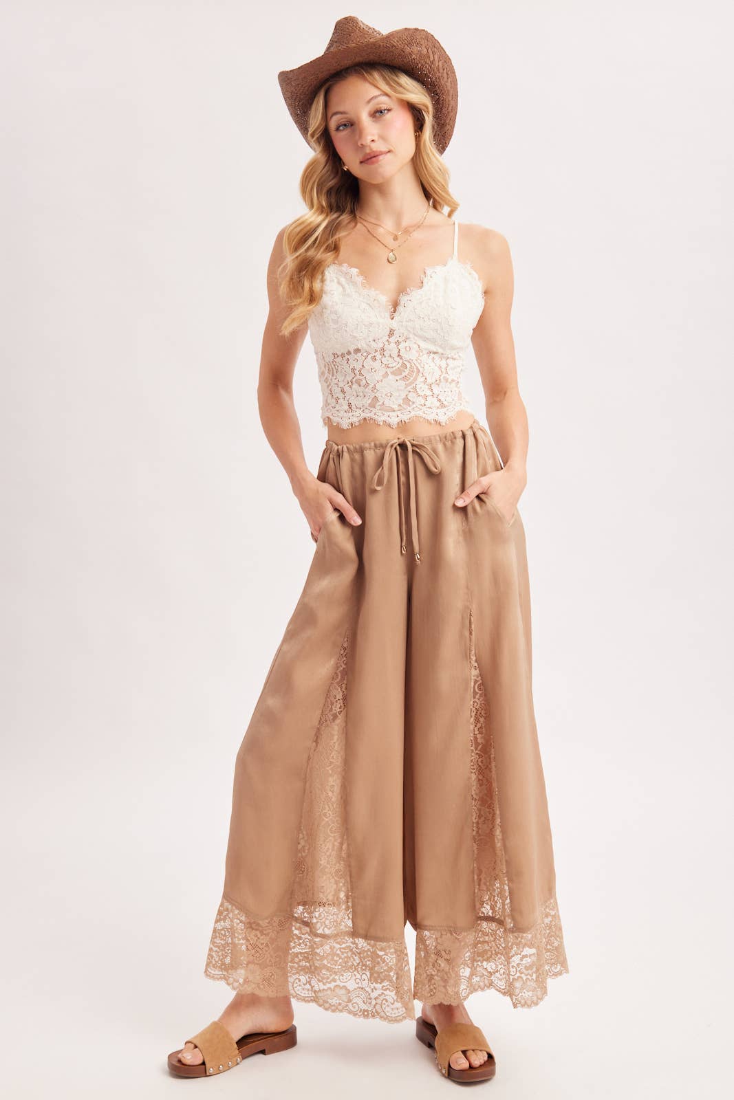 SATIN LACE TRIMMED DRAWSTRING PALAZZO PANTS