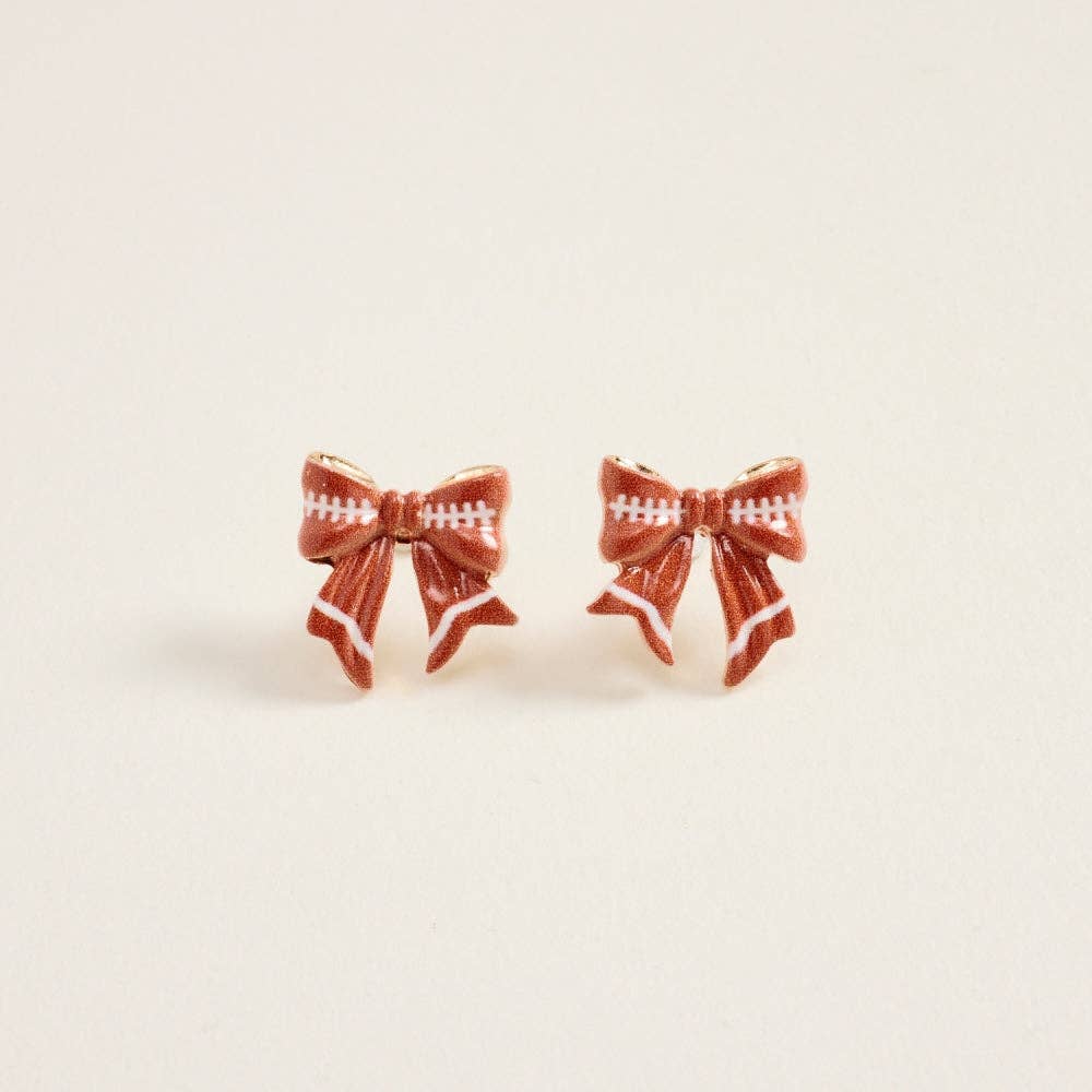 0.75 Inch Football Pattern Print Ribbon Bow Post Earrings