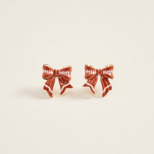 0.75 Inch Football Pattern Print Ribbon Bow Post Earrings