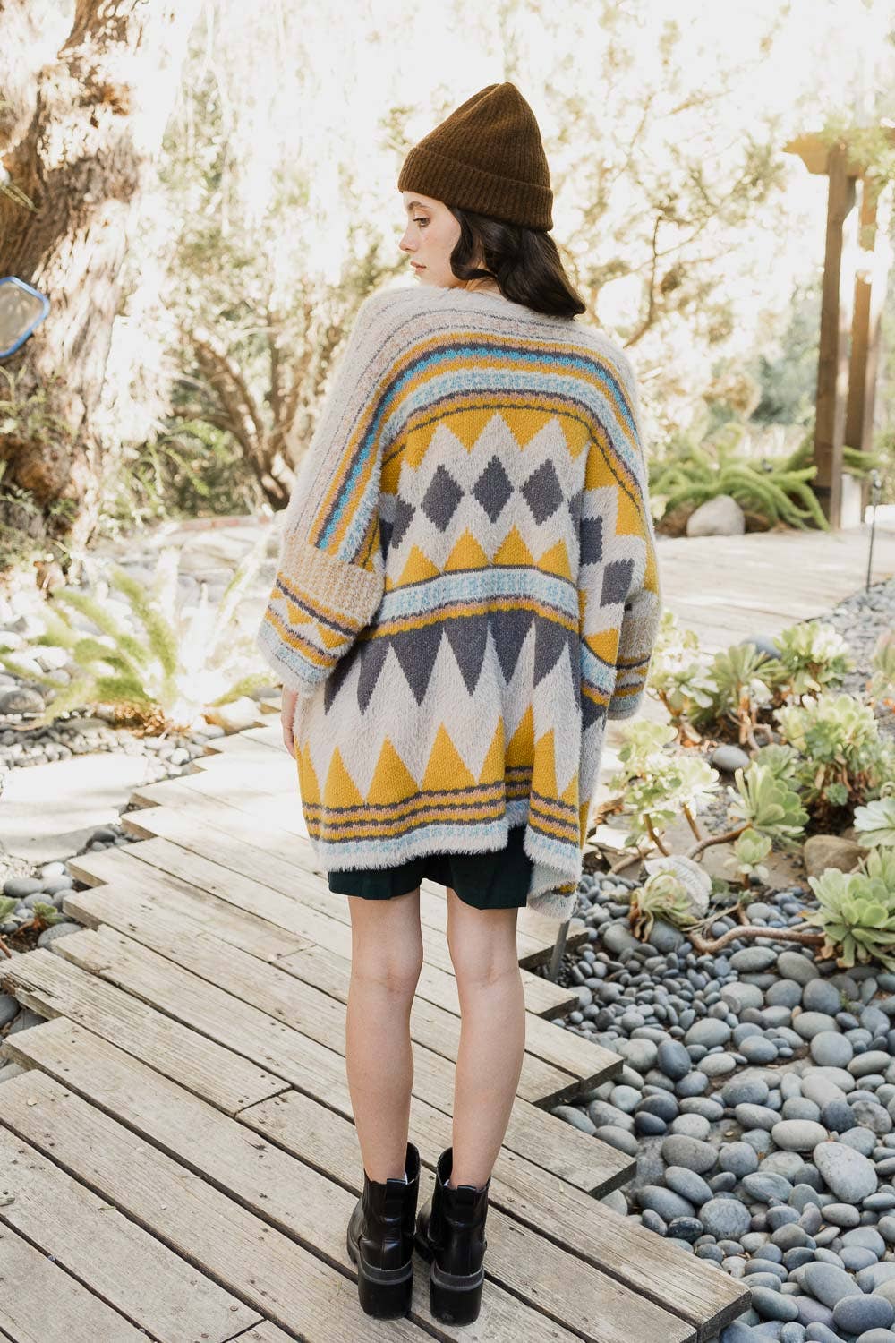 Boho Faux Fur Ruana Wrap with Cozy Pockets - Tribal Cardigan