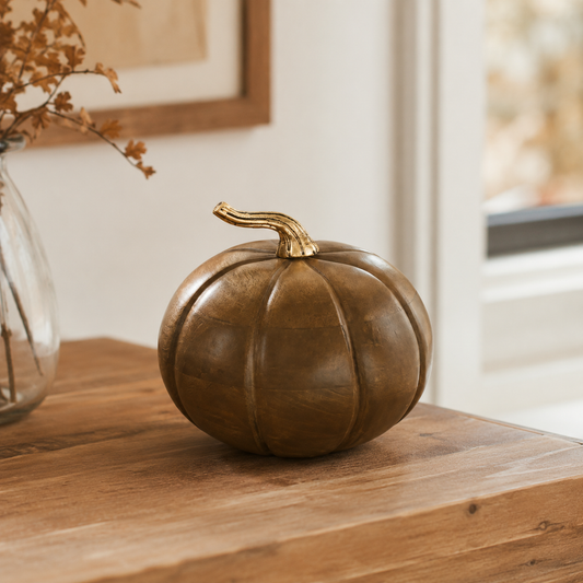 Walnut Mango Wood Pumpkin 7" Farmhouse Cottage Fall Decor