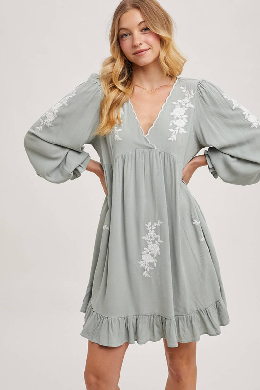 EMBROIDERED V-NECK RUFFLED DRESS - EASTER DAY
