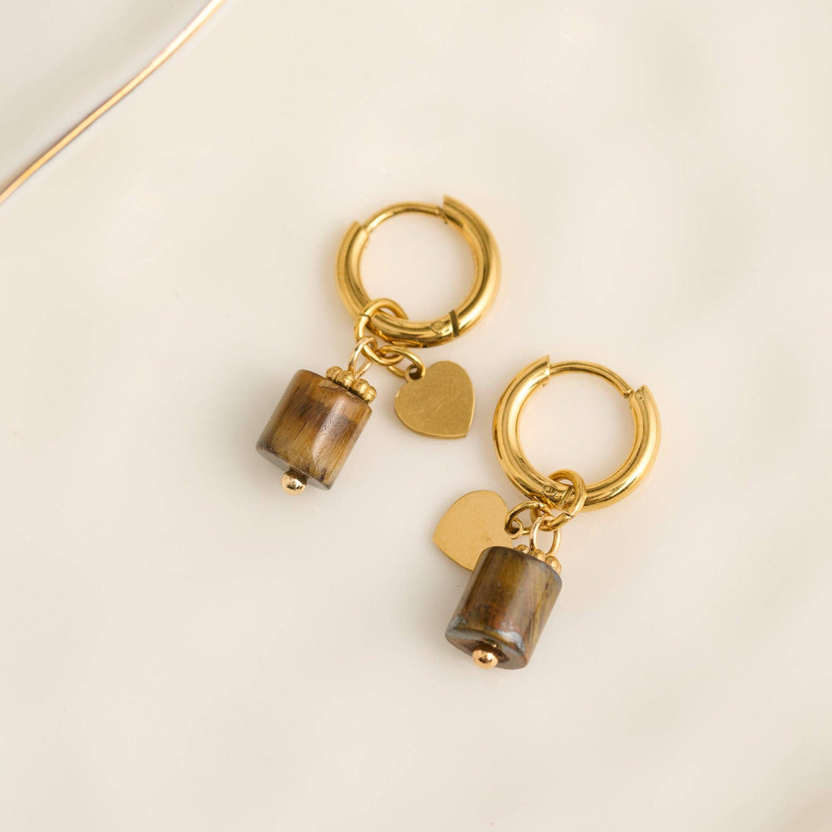 Waterproof Earrings Hoop Narelle Gold Beaded Tiger Eye