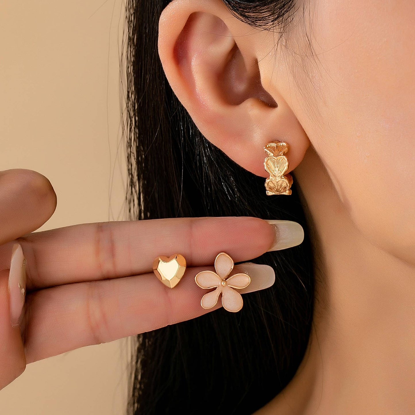 TRIO HEART FLOWER SEASHELL HUGGIE HOOP EARRINGS