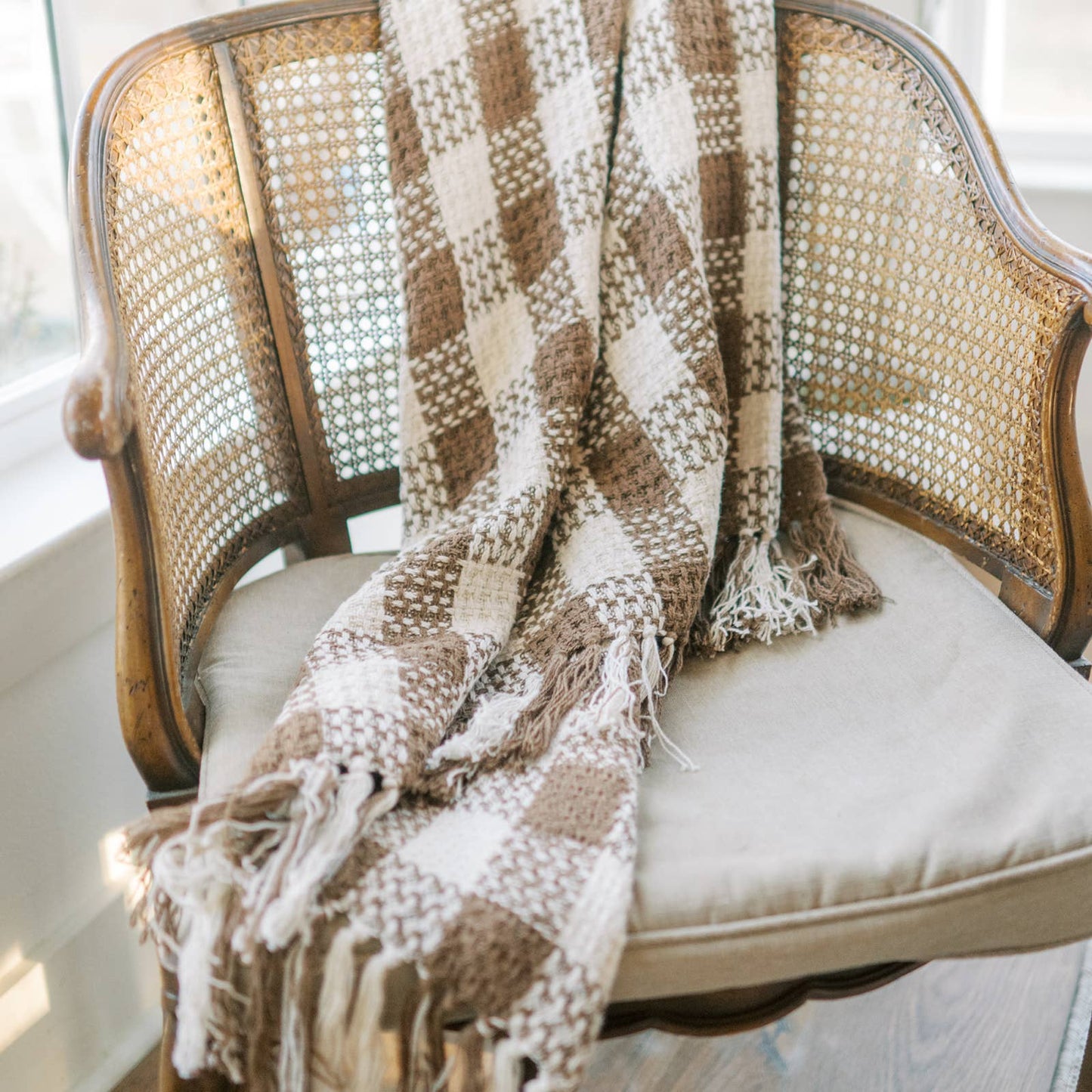 Cocoa Brown Heritage Check Throw Blanket with Fringe 50x60