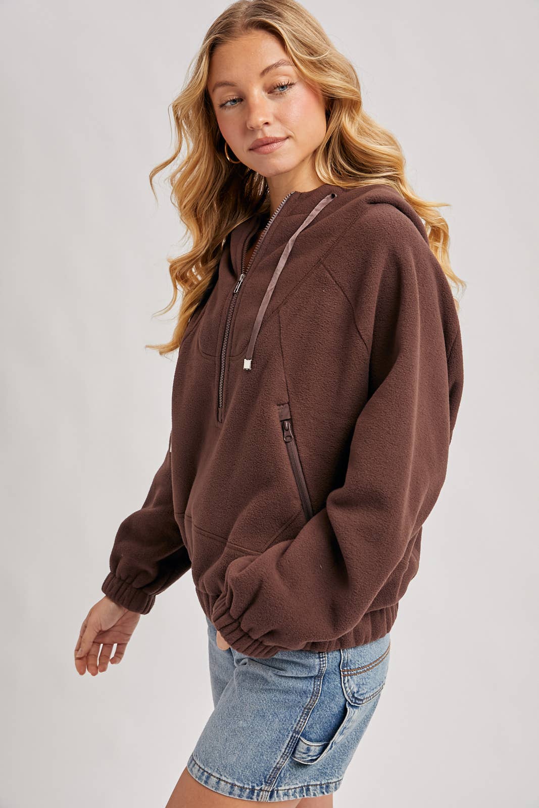 HALF-ZIPPER FRONT HOODIE FLEECE PULLOVER