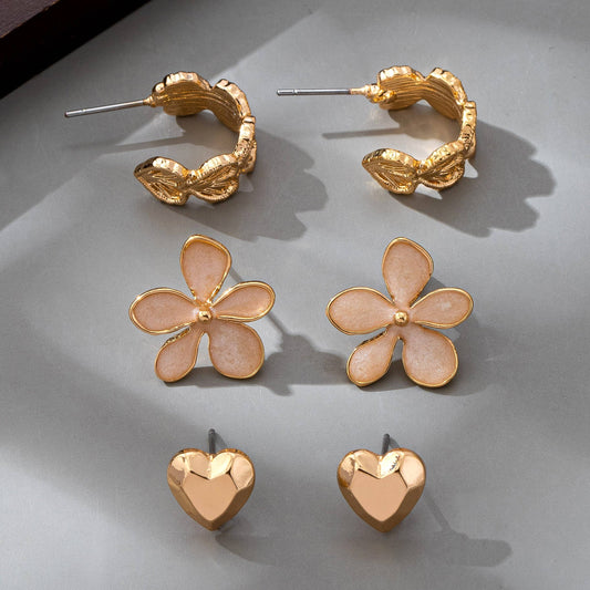 TRIO HEART FLOWER SEASHELL HUGGIE HOOP EARRINGS