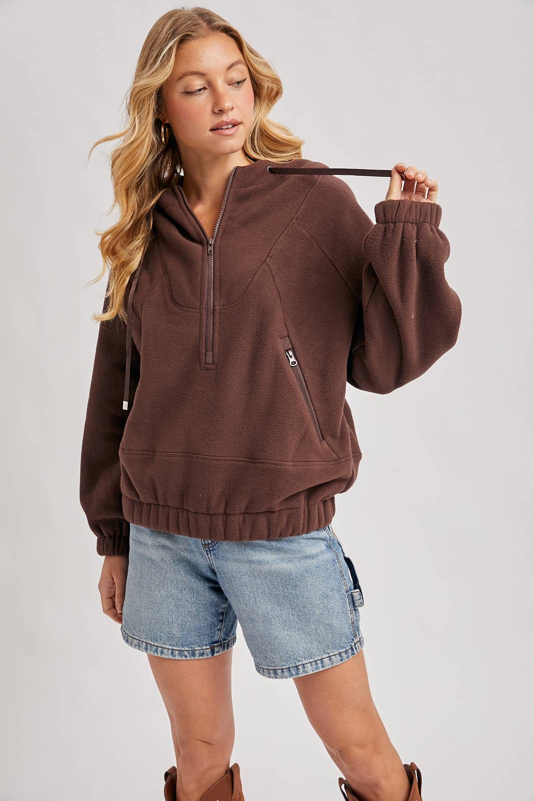 HALF-ZIPPER FRONT HOODIE FLEECE PULLOVER