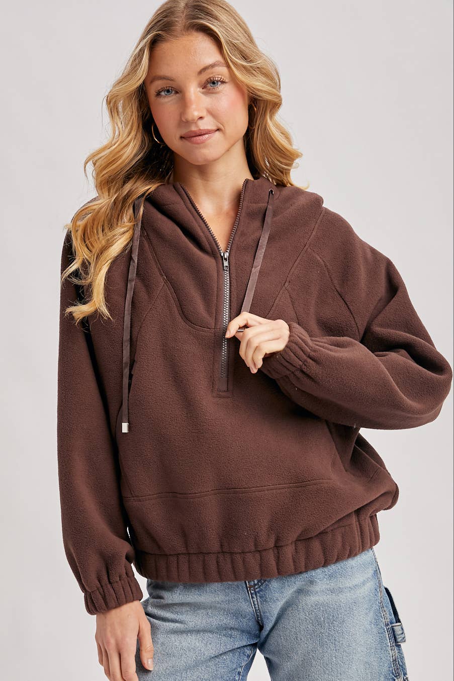 HALF-ZIPPER FRONT HOODIE FLEECE PULLOVER
