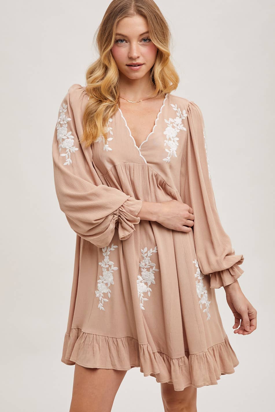 EMBROIDERED V-NECK RUFFLED DRESS - EASTER DAY