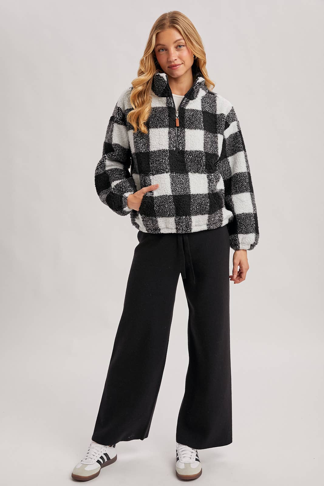 PLAID QUARTER ZIP HIGH COLLAR FLEECE PULLOVER