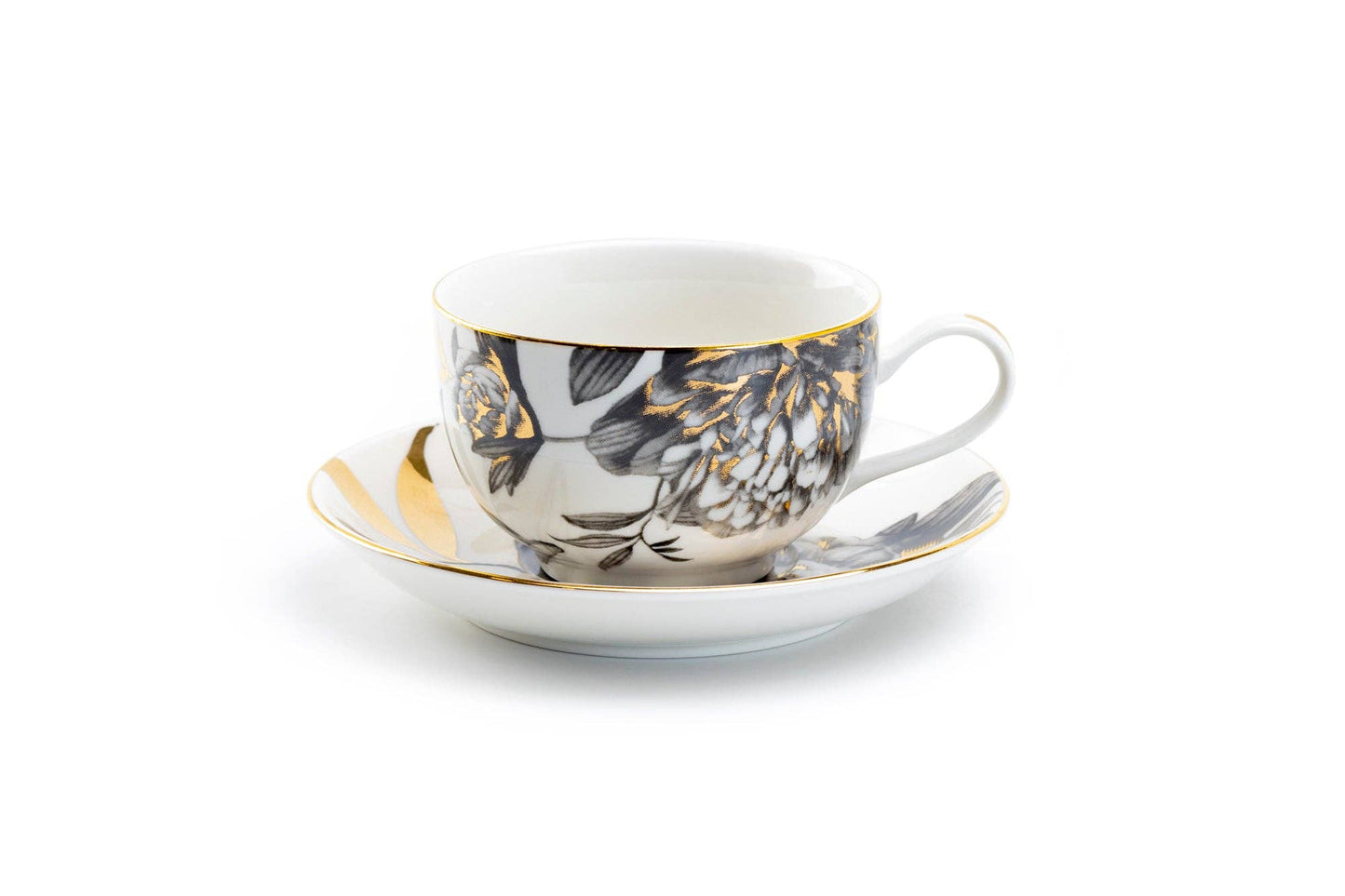 Black Gold Peony 7oz Fine Porcelain Tea Cup and Saucer