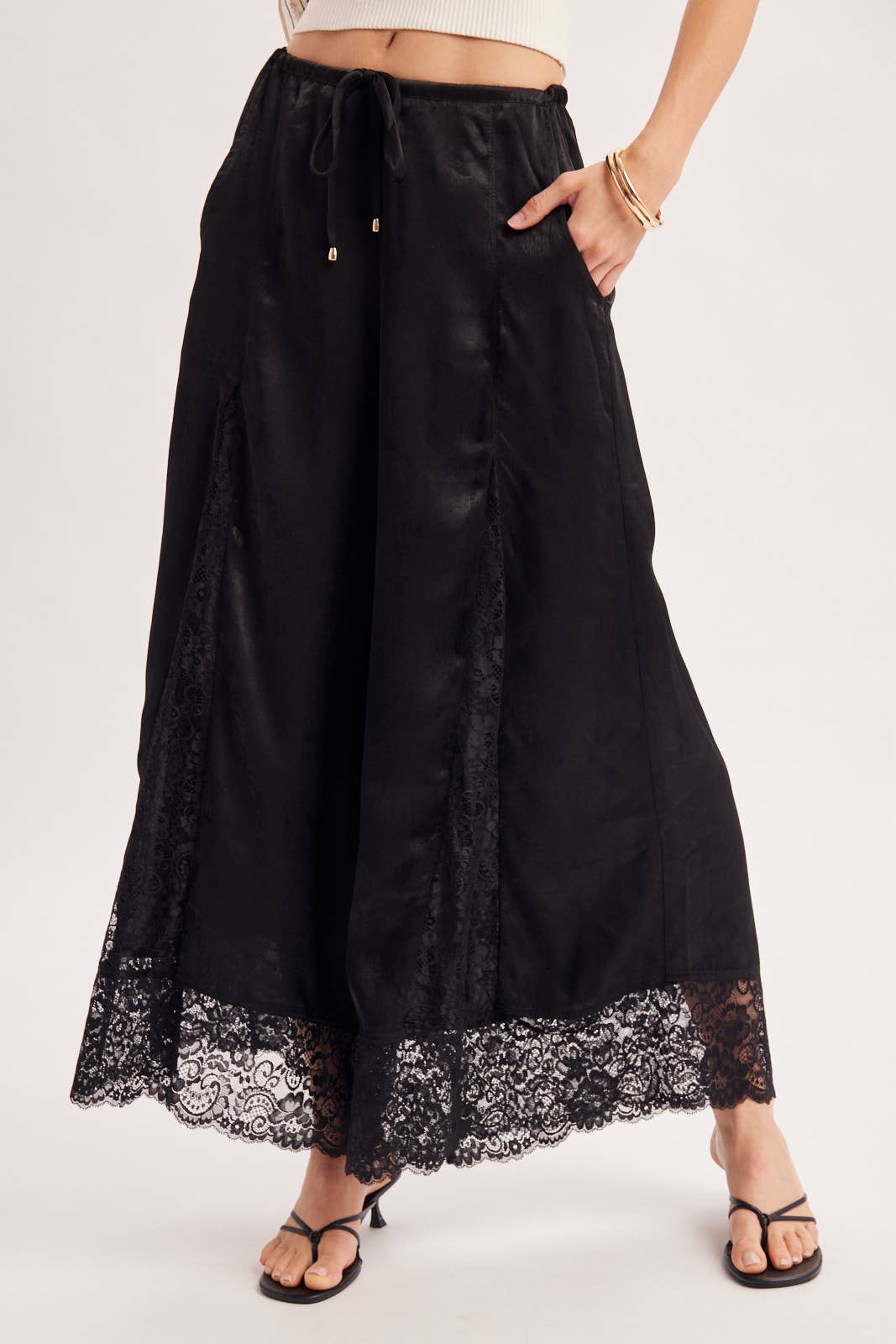 SATIN LACE TRIMMED DRAWSTRING PALAZZO PANTS