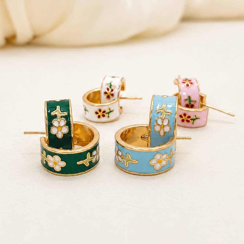 Garden Meadow Flower Enamel Huggie Hoop Earrings | 40E512