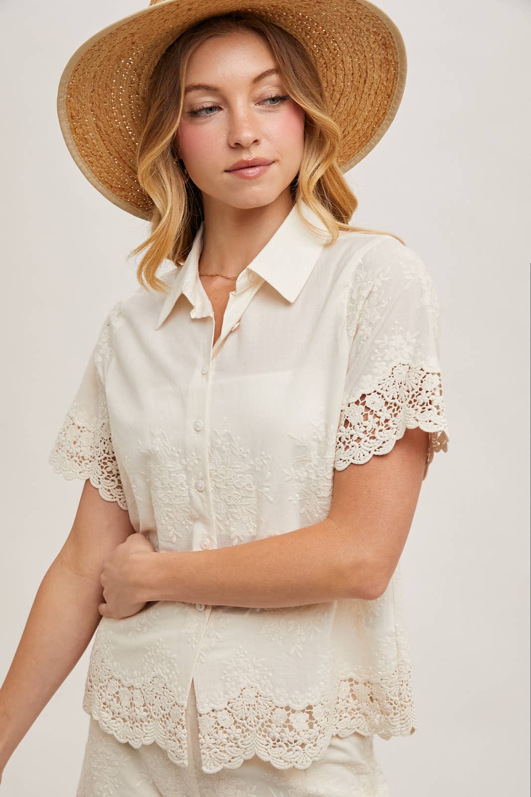 EMBROIDERED LACE TRIMMED BUTTON DOWN SHIRT