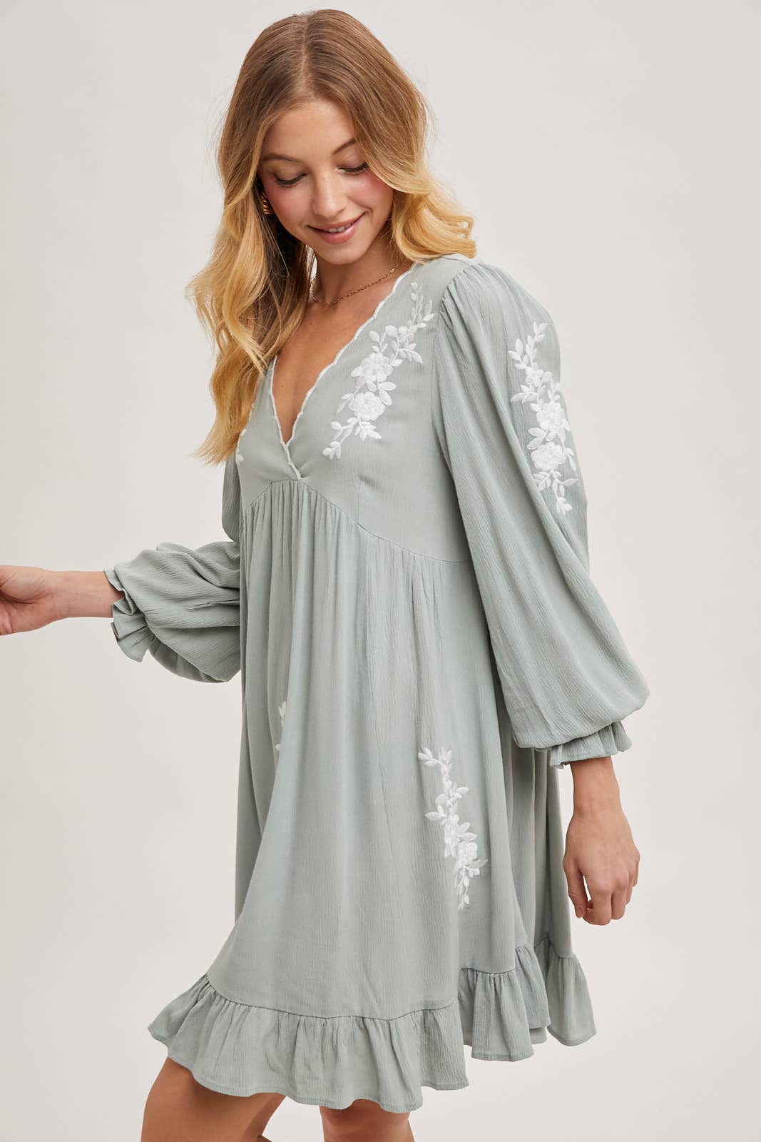 EMBROIDERED V-NECK RUFFLED DRESS - EASTER DAY