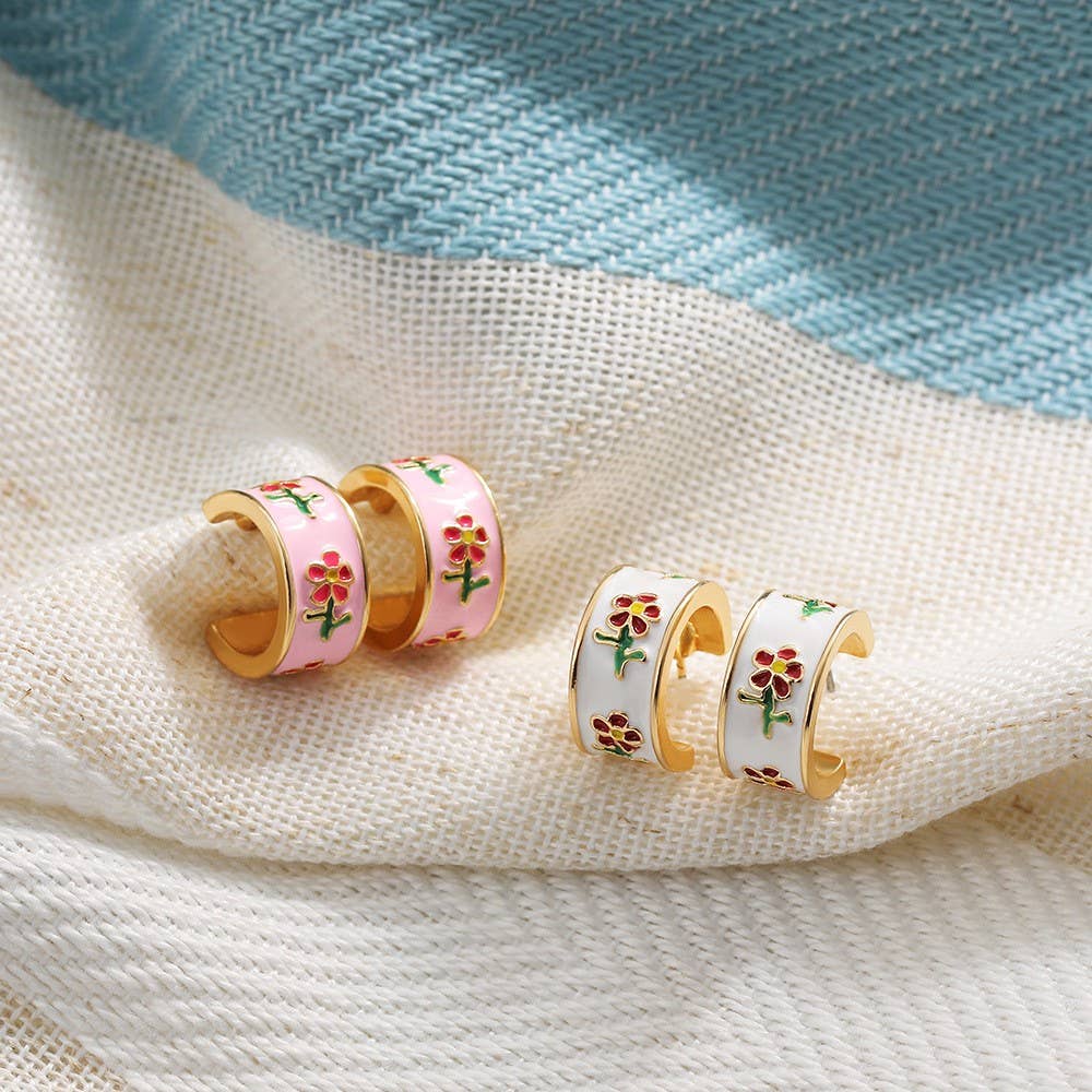Garden Meadow Flower Enamel Huggie Hoop Earrings | 40E512